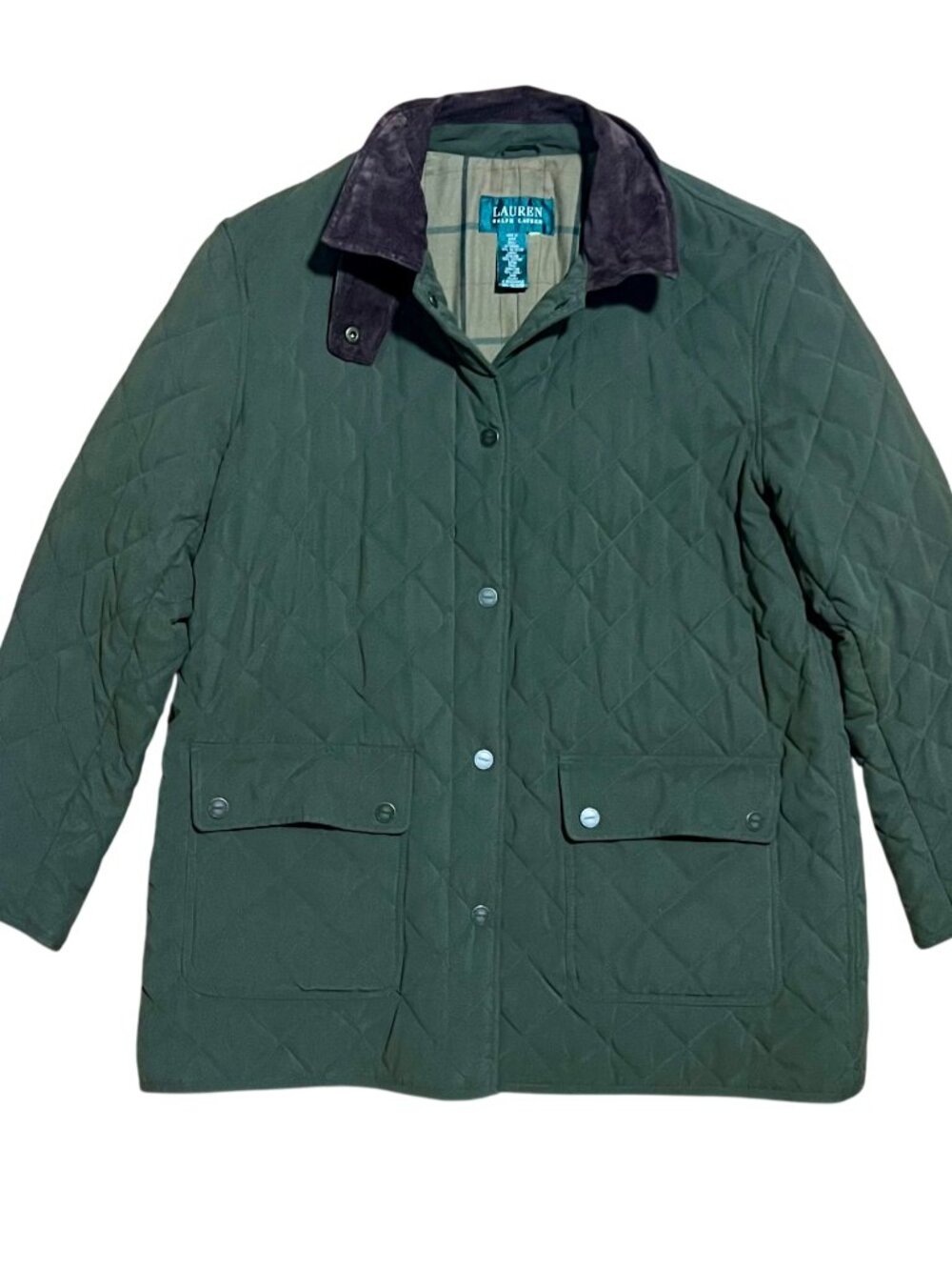 Lauren Ralph Lauren Olive Green Quilted Plaid Lined Barn Jacket, Woman's 1X